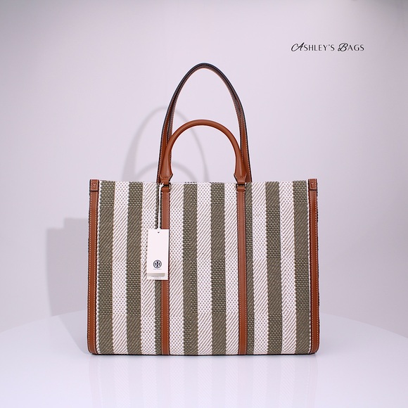 Tory Burch Blake Jumbo Striped Tote In Grove Green - Picture 4 of 8